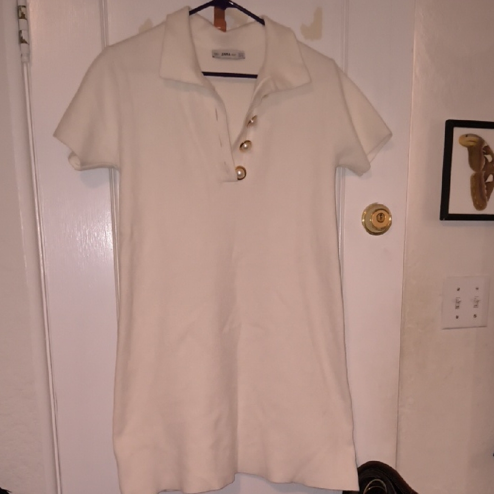 Zara | Ivory Midi Dress with Metallic Pearl Buttons